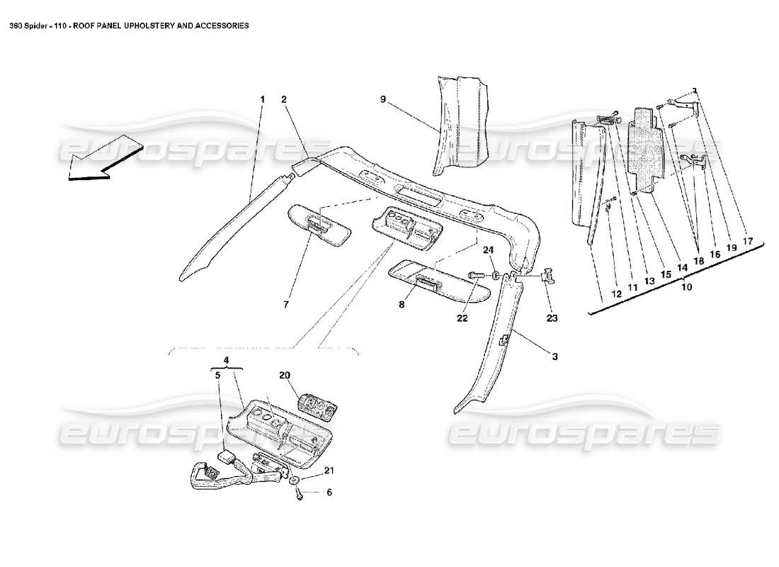 ferrari 360 spider diagrama de piezas de tapicería y accesorios del panel del techo