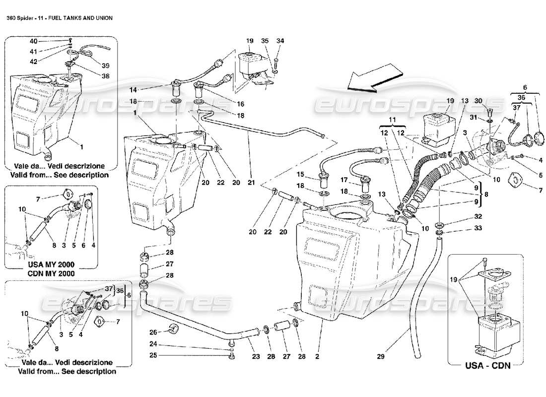 ferrari 360 spider tanques de combustible y unión diagrama de piezas
