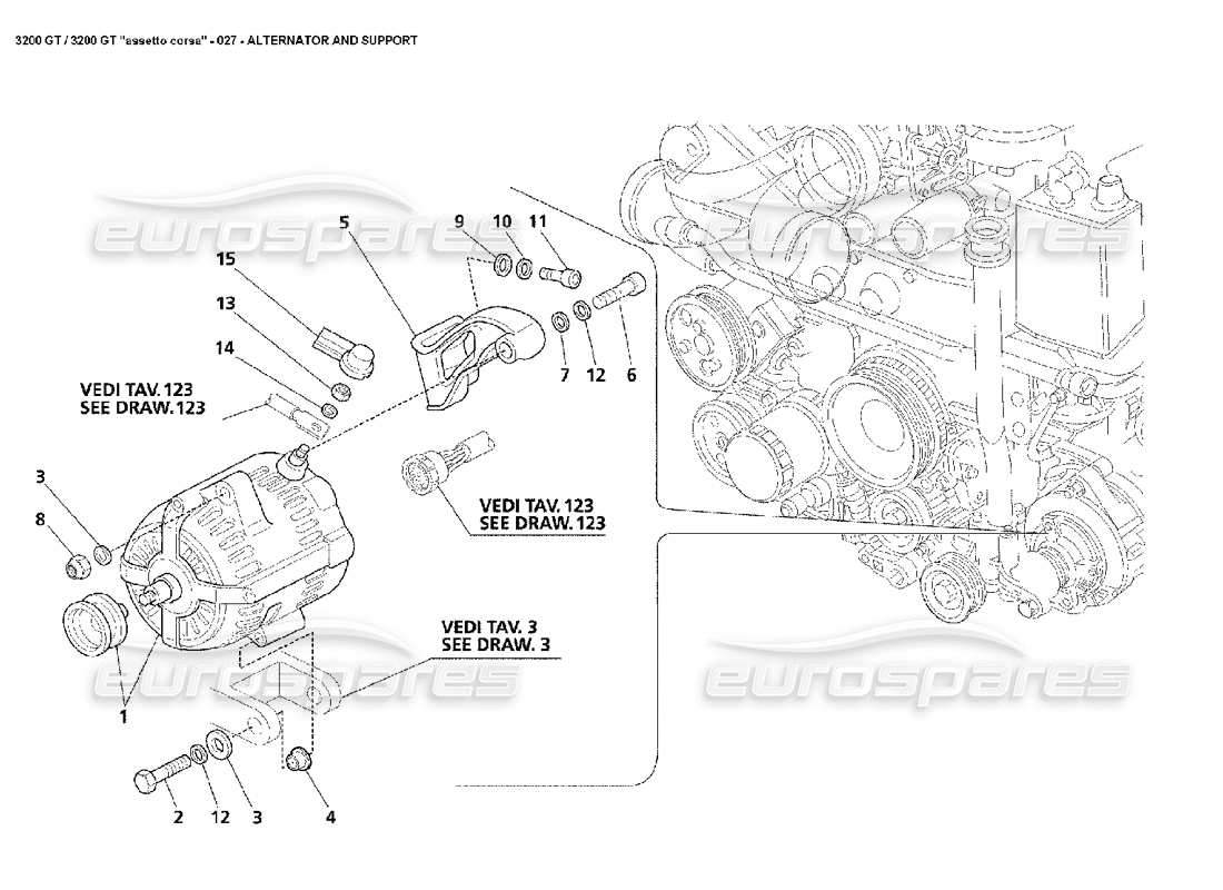 maserati 3200 gt/gta/assetto corsa diagrama de piezas de soporte y alternador