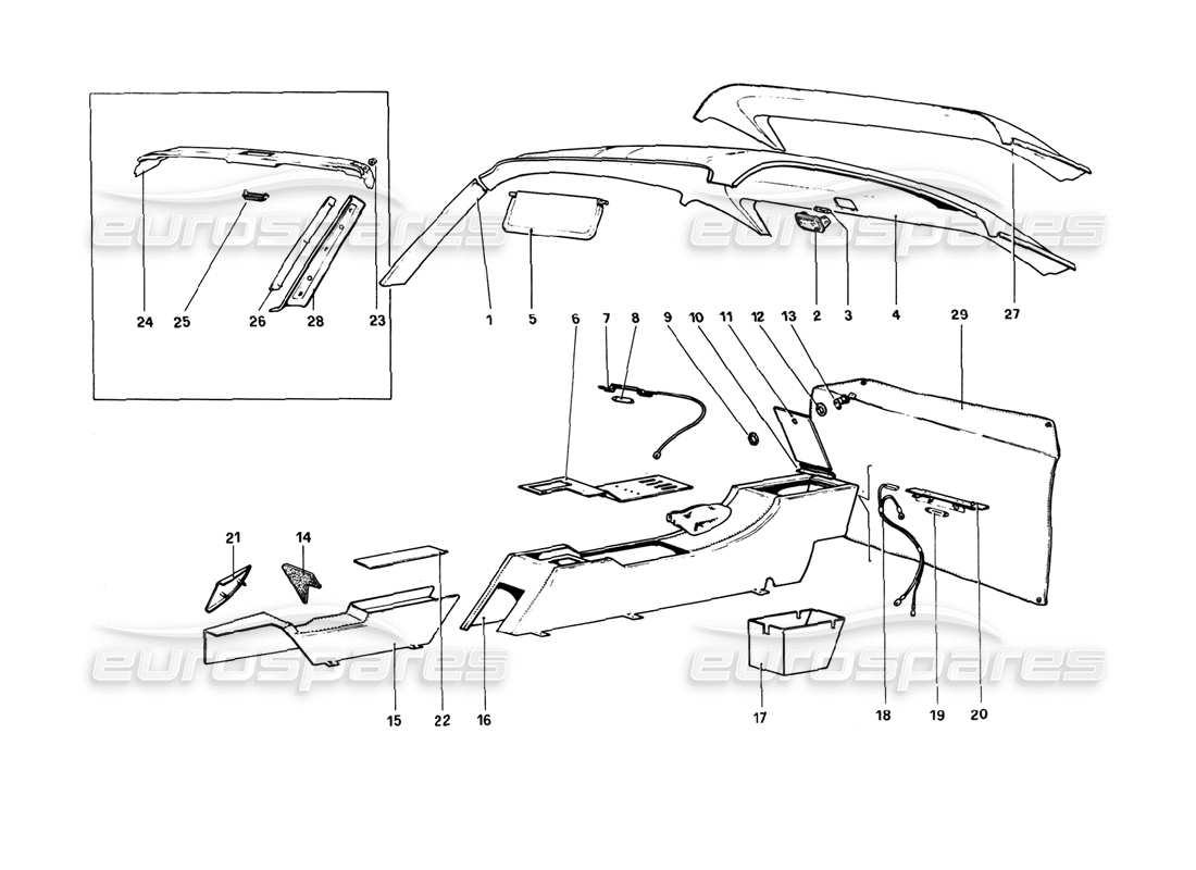 ferrari 308 gtb (1980) diagrama de piezas de túnel y techo (variantes para rhd - versiones aus)