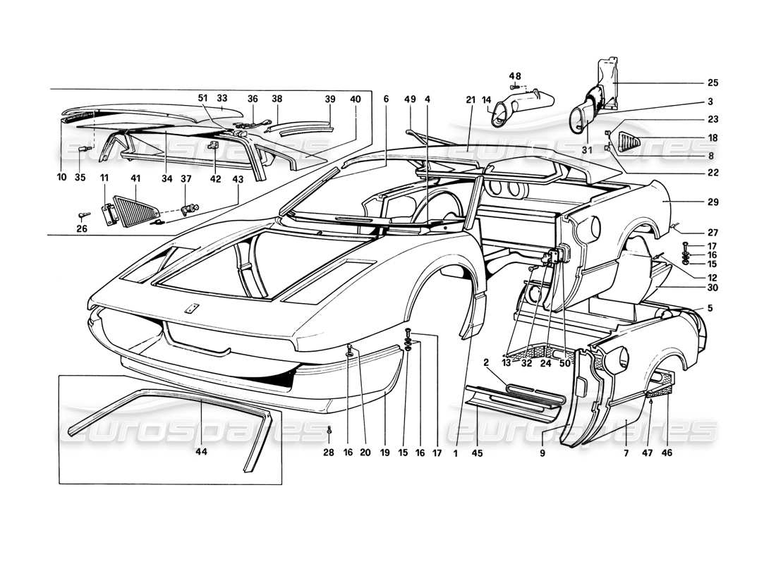 ferrari 308 gtb (1980) carrocería - elementos exteriores (variantes para rhd - versiones aus) diagrama de piezas