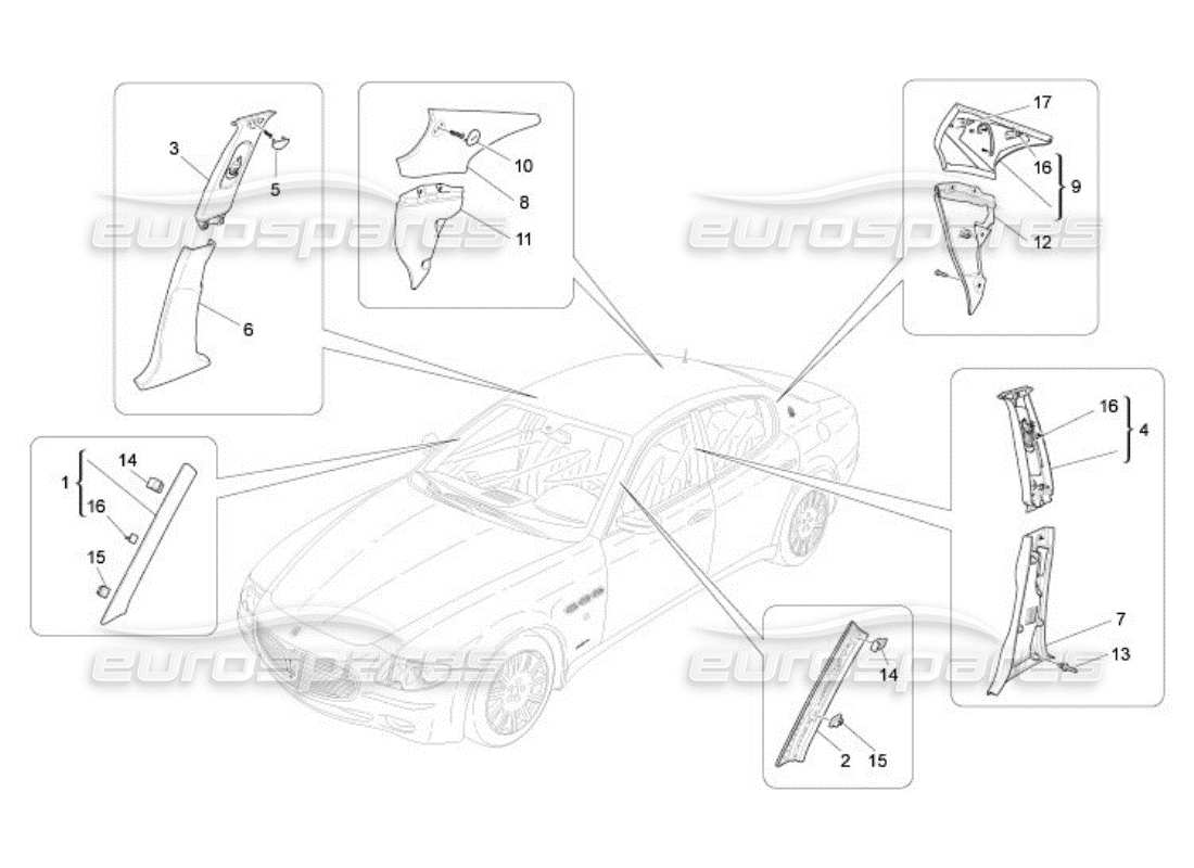 maserati qtp. (2005) 4.2 diagrama de piezas de paneles laterales y embellecedores del pilar b del compartimento de pasajeros