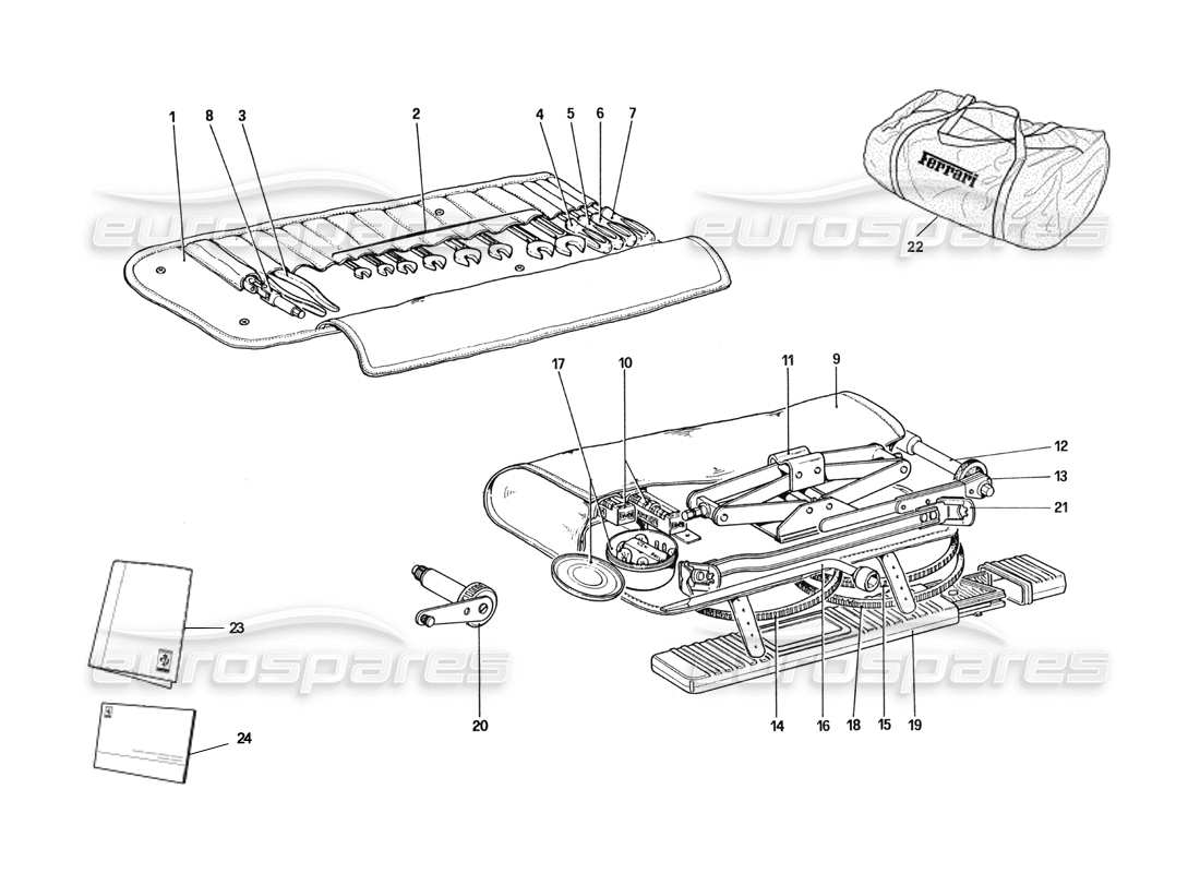 ferrari 328 (1985) kit de herramientas y cubierta de coche diagrama de piezas