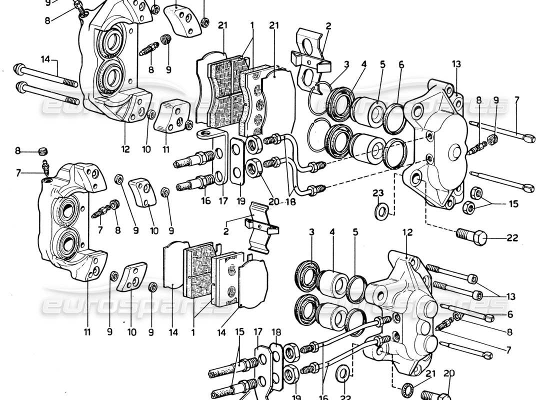 ferrari 365 gtb4 daytona (1969) diagrama de piezas de las pinzas de freno delantero y trasero