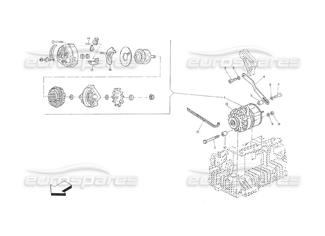 maserati shamal alternator and support diagrama de piezas