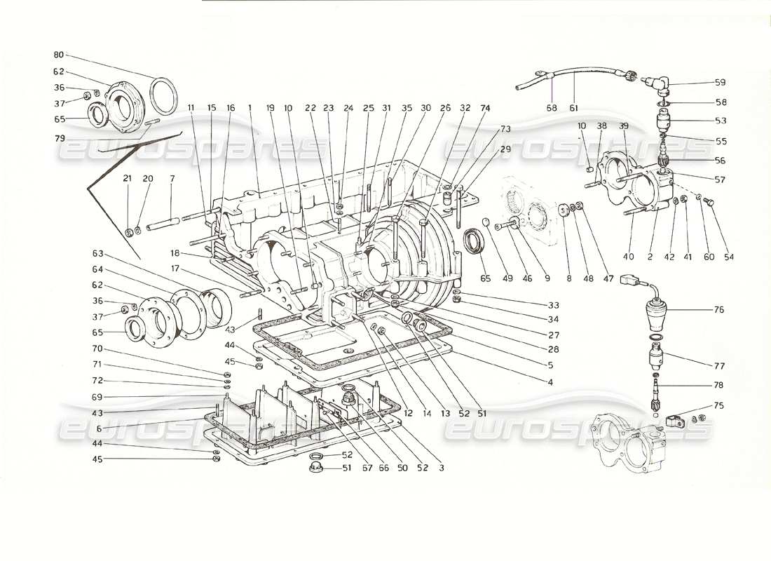 ferrari 308 gt4 dino (1976) caja de cambios - diagrama de piezas de caja de diferencial y cárter de aceite