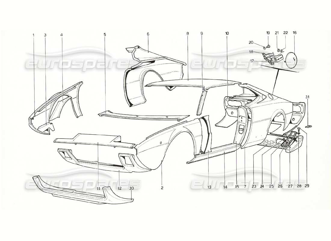 ferrari 308 gt4 dino (1976) carrocería - elementos exteriores diagrama de piezas