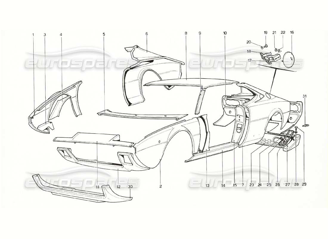 ferrari 308 gt4 dino (1976) carrocería - diagrama de piezas de elementos exteriores