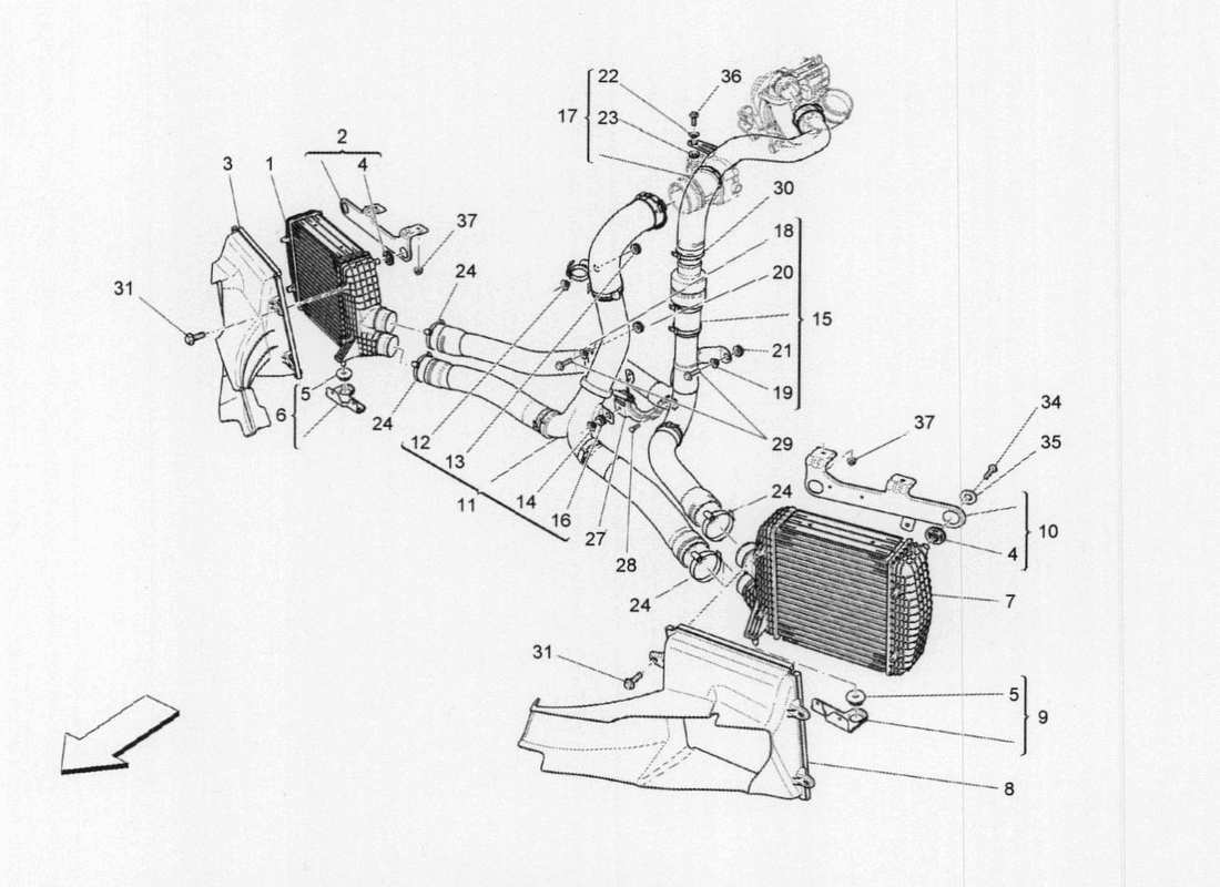maserati qtp. v6 3.0 tds 275bhp 2017 diagrama de piezas del sistema de intercooler