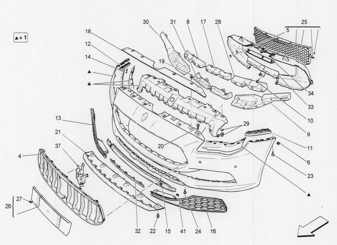 maserati qtp. v6 3.0 tds 275bhp 2017 diagrama de piezas del parachoques delantero