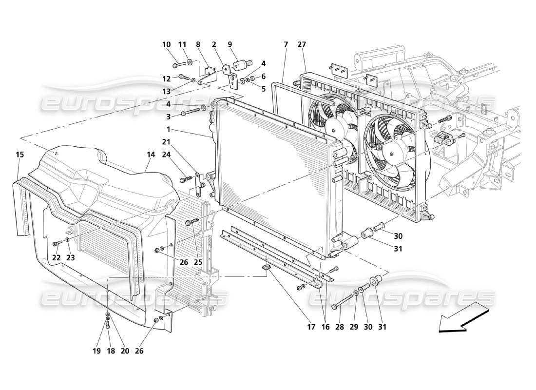 maserati qtp. (2003) 4.2 sistema de refrigeración: diagrama de piezas de radiadores y transportadores de aire