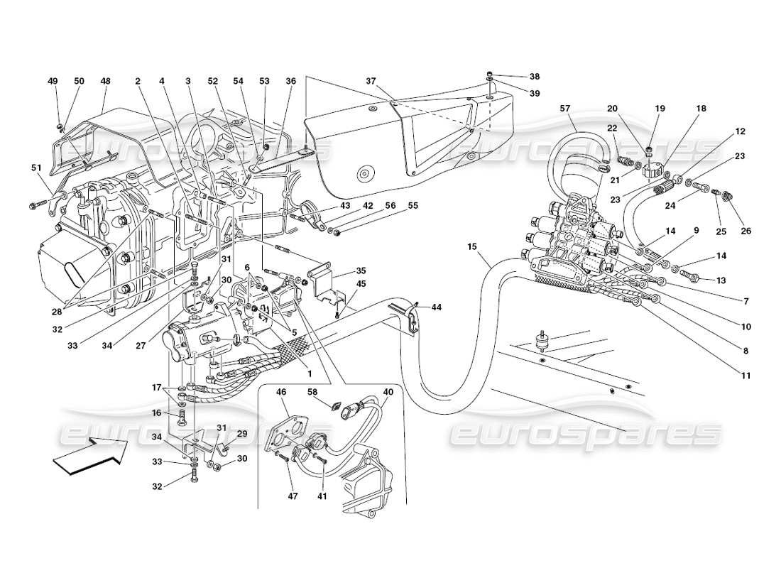 ferrari 430 challenge (2006) diagrama de piezas del control hidráulico del embrague y la caja de cambios