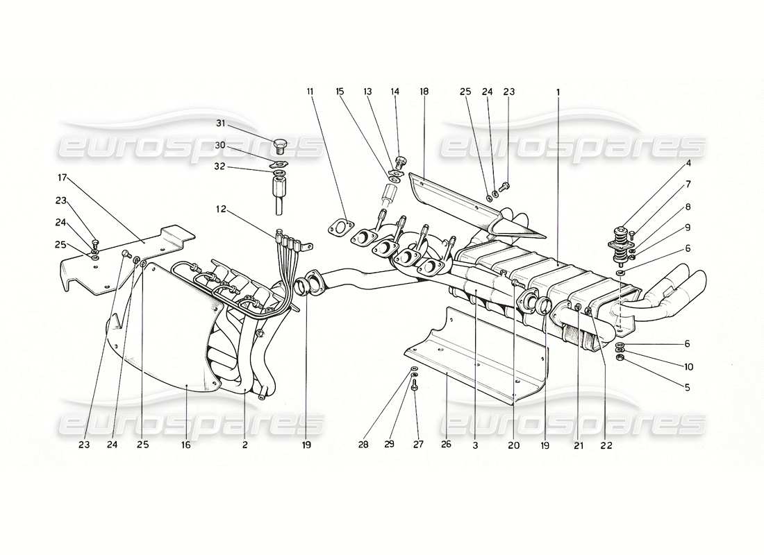 ferrari 308 gt4 dino (1976) diagrama de piezas del sistema de escape