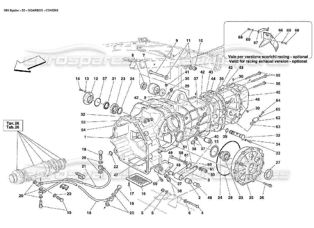 ferrari 360 spider diagrama de piezas de las cubiertas de la caja de cambios