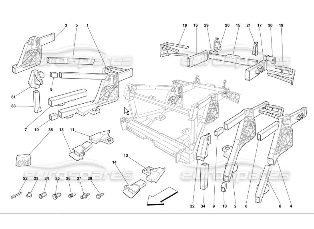 ferrari 360 modena diagrama de piezas de los subgrupos de elementos traseros del bastidor