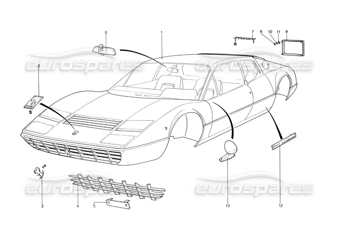 ferrari 365 gt4 berlinetta boxer carrocería y molduras diagrama de piezas