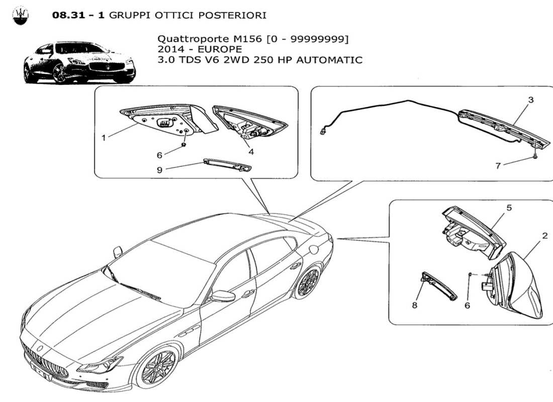 maserati qtp. v6 3.0 tds 250bhp 2014 diagrama de piezas de los grupos de luces traseras