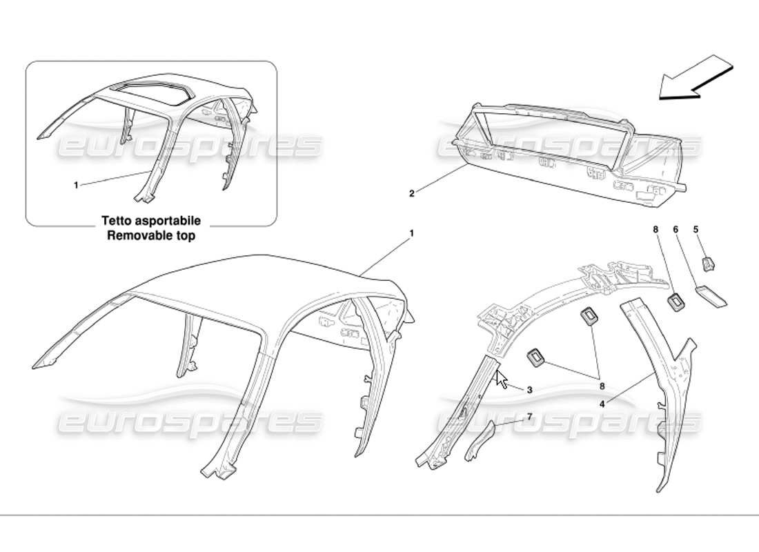 ferrari 360 modena estructura del tejado diagrama de piezas