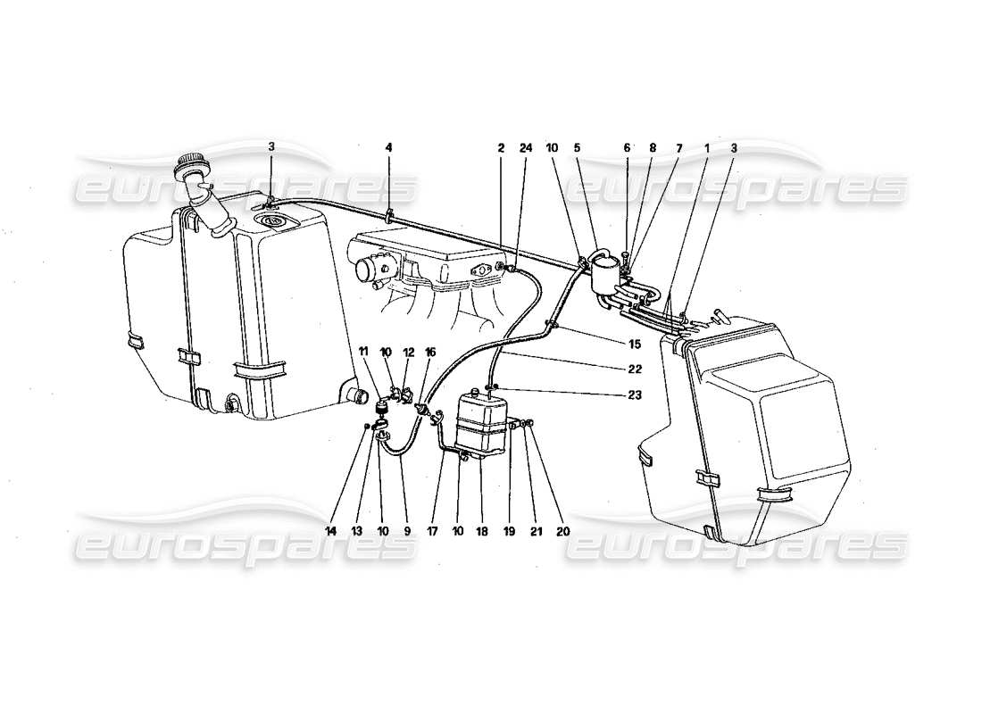 ferrari 328 (1985) diagrama de piezas del sistema de control de emisiones antievaporativo (para versiones de ee. uu. y sa)