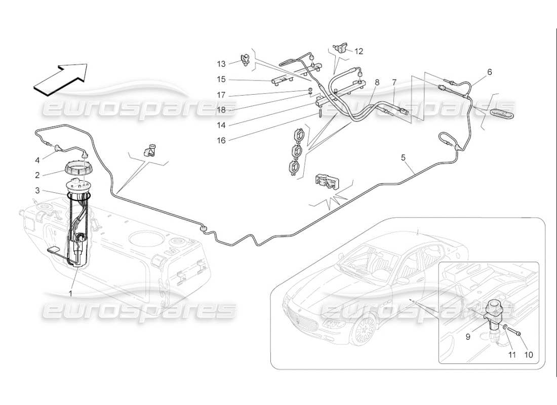 maserati qtp. (2007) 4.2 f1 diagrama de piezas de bombas de combustible y líneas de conexión