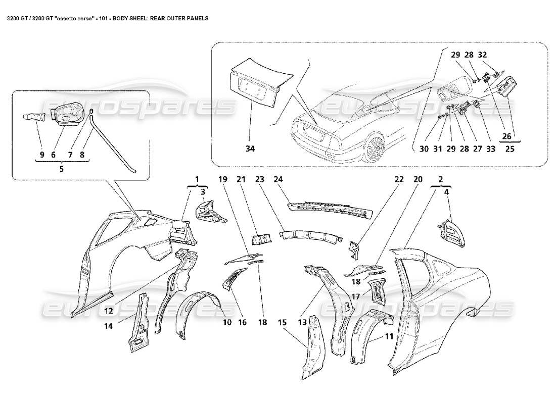maserati 3200 gt/gta/assetto corsa cuerpo: diagrama de piezas de los paneles exteriores traseros