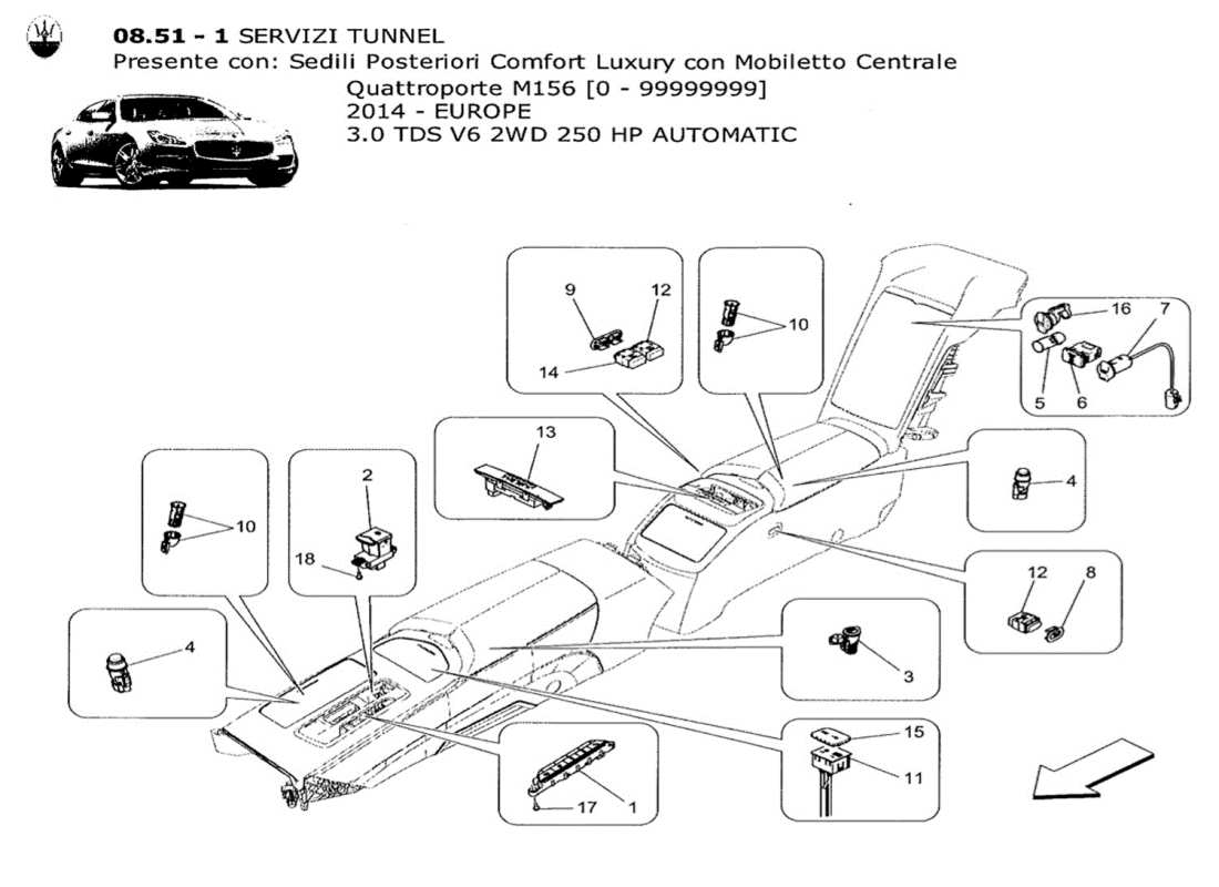 maserati qtp. v6 3.0 tds 250bhp 2014 diagrama de piezas de los dispositivos de la consola central