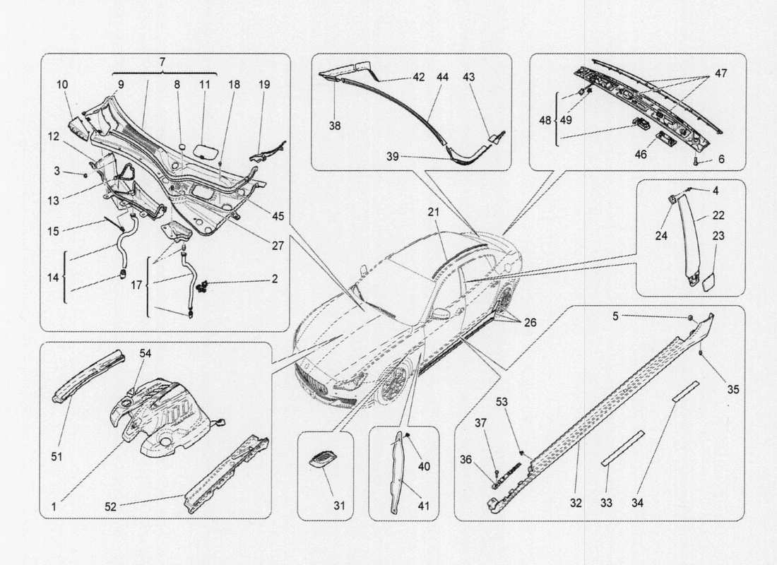 maserati qtp. v6 3.0 tds 275bhp 2017 diagrama de piezas de escudos, molduras y paneles de cobertura