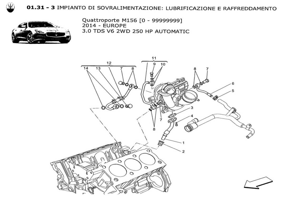 maserati qtp. v6 3.0 tds 250bhp 2014 sistema de turbocargación: lubricación y enfriamiento diagrama de piezas