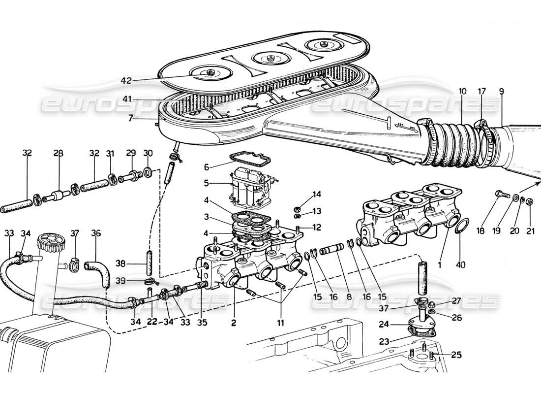 ferrari 365 gtb4 daytona (1969) colectores de admisión - diagrama de piezas de admisión de aire