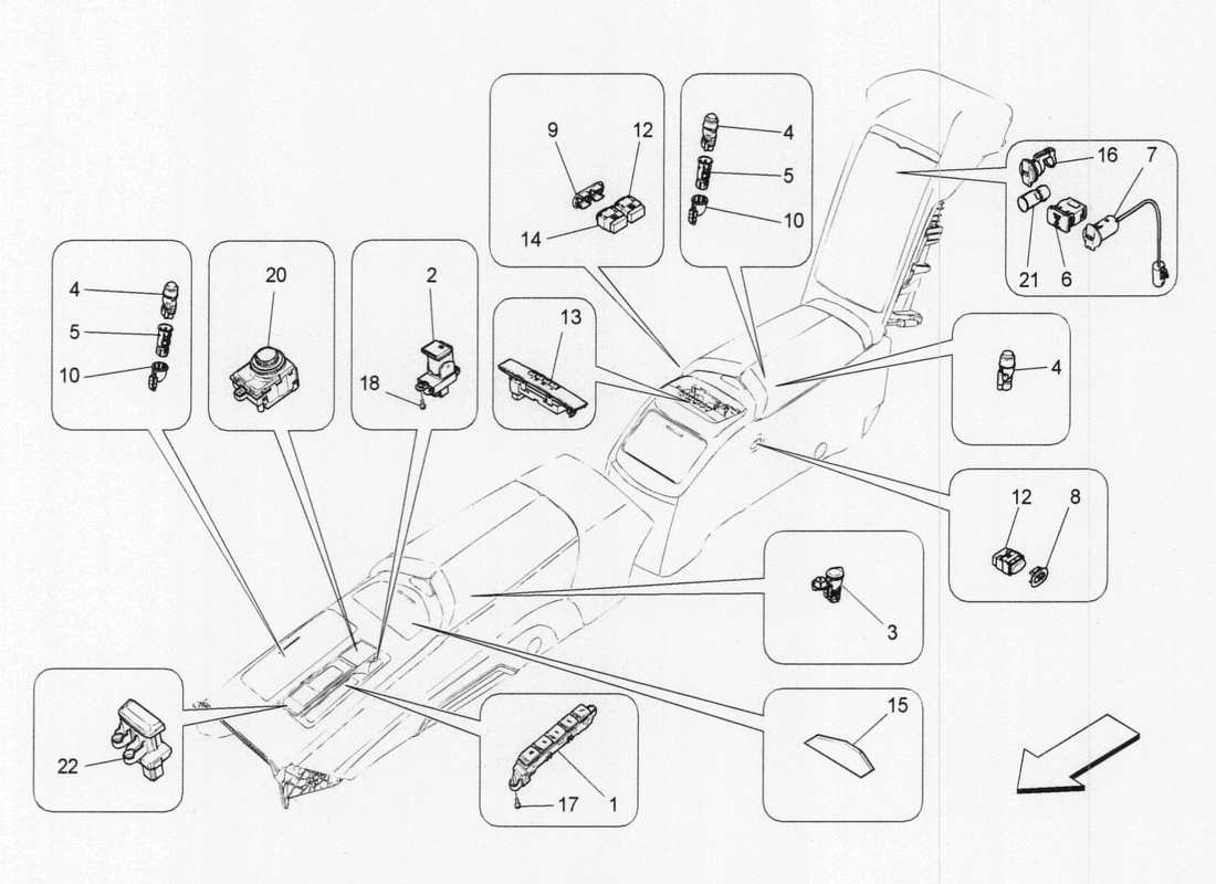 maserati qtp. v6 3.0 tds 275bhp 2017 diagrama de piezas de los dispositivos de la consola central
