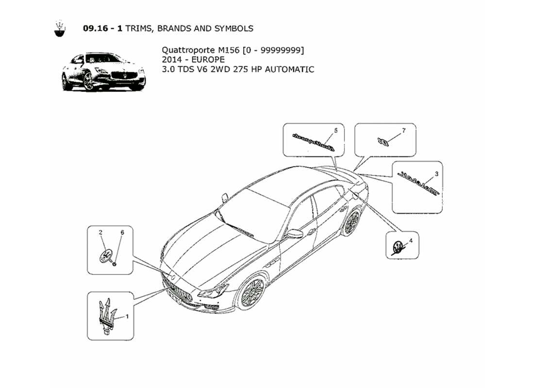 maserati qtp. v6 3.0 tds 275bhp 2014 diagrama de piezas de adornos, marcas y símbolos