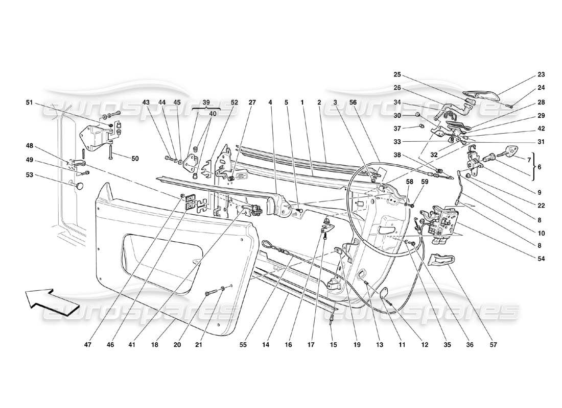 ferrari 360 challenge (2000) puertas - marcos y revestimientos - esquema de piezas control de apertura y bisagras