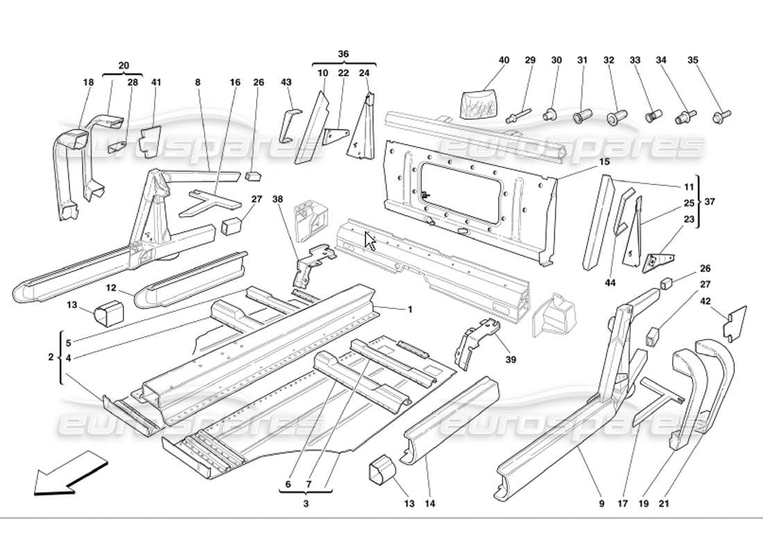 ferrari 360 modena diagrama de piezas de placas y elementos laterales centrales