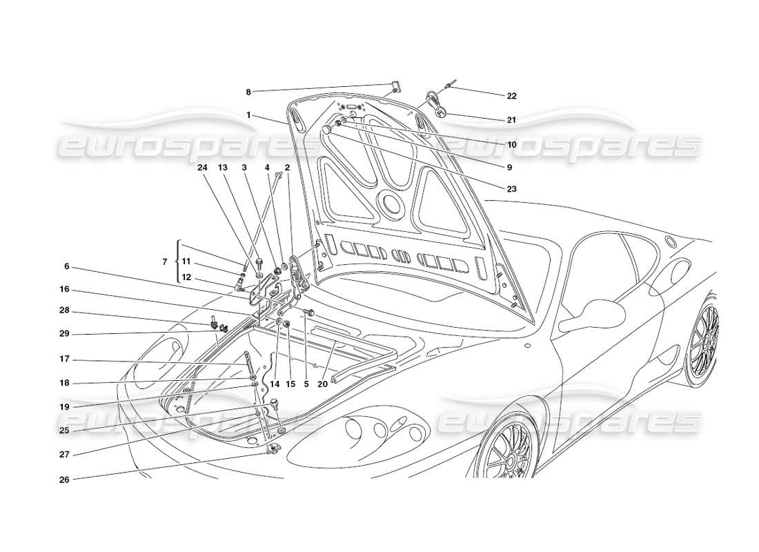 ferrari 430 challenge (2006) diagrama de piezas del capó delantero y del dispositivo de apertura