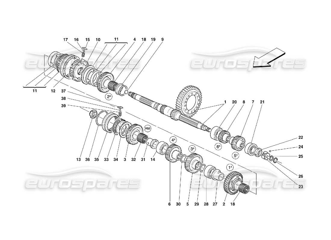 ferrari 355 (5.2 motronic) diagrama de piezas de engranajes del eje de apoyo