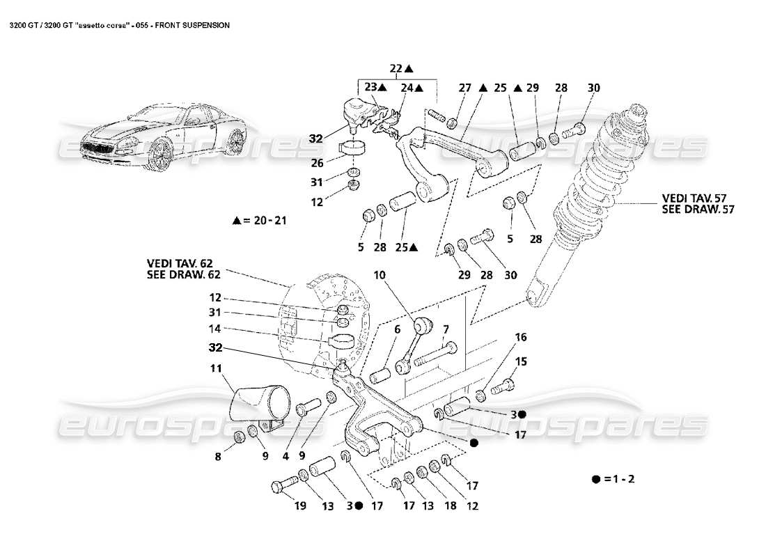 maserati 3200 gt/gta/assetto corsa suspensión delantera diagrama de piezas