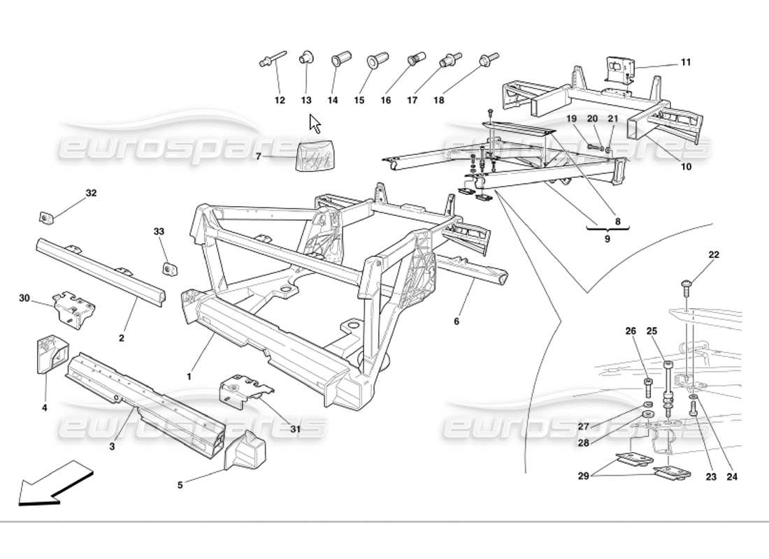 ferrari 360 modena diagrama de piezas de estructuras y placas de elementos traseros del marco