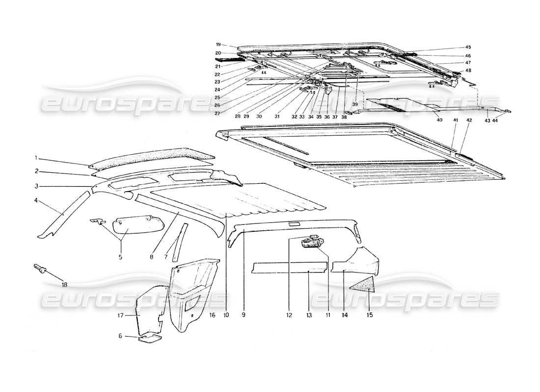 ferrari 308 gt4 dino (1979) diagrama de piezas de molduras interiores, accesorios y techo corredizo