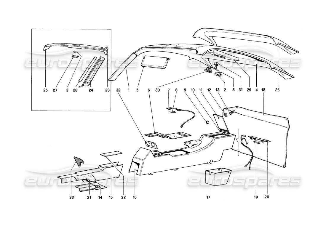 ferrari 308 (1981) gtbi/gtsi mesa de túnel y techo diagrama de piezas