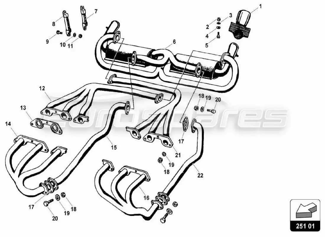 lamborghini miura p400 sistema de escape (sv) diagrama de piezas