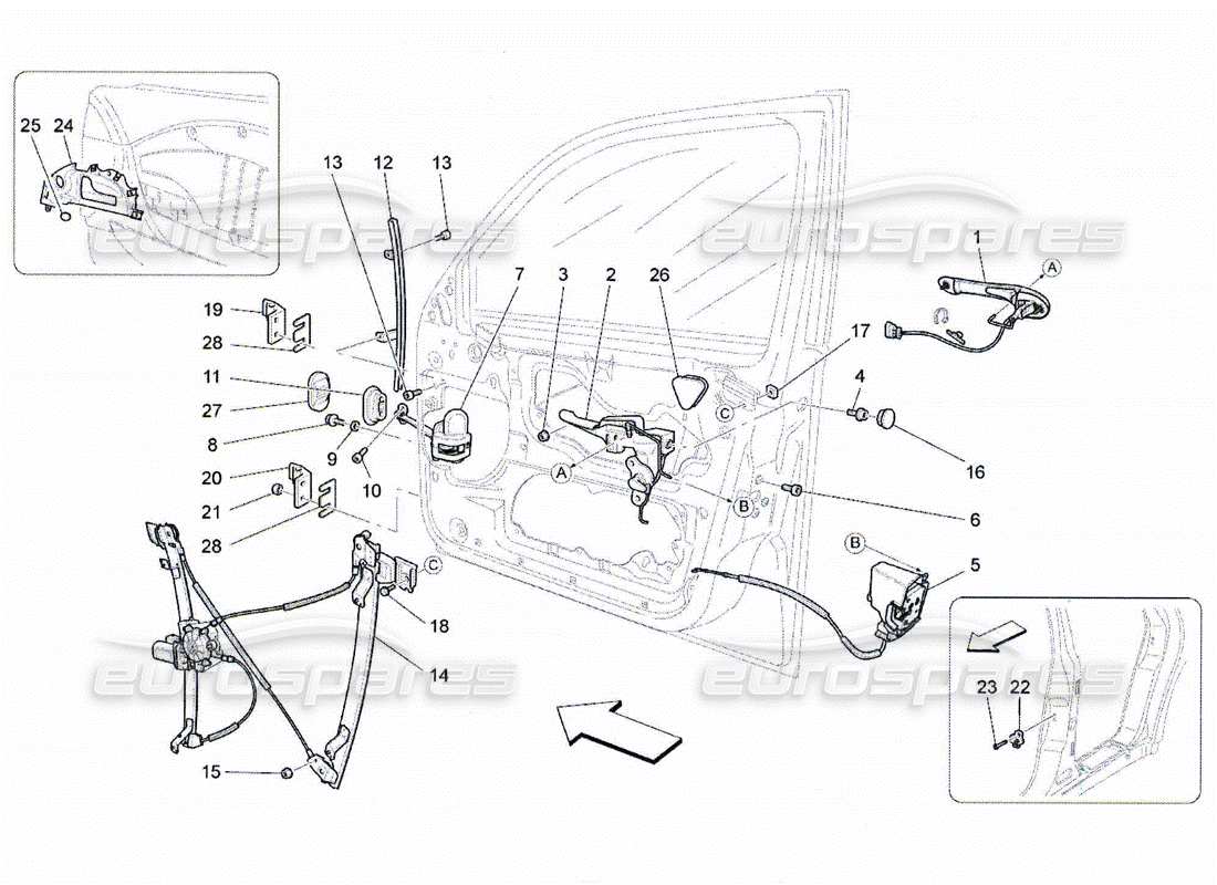 maserati qtp. (2010) 4.2 puertas delanteras: diagrama de piezas de mecanismos