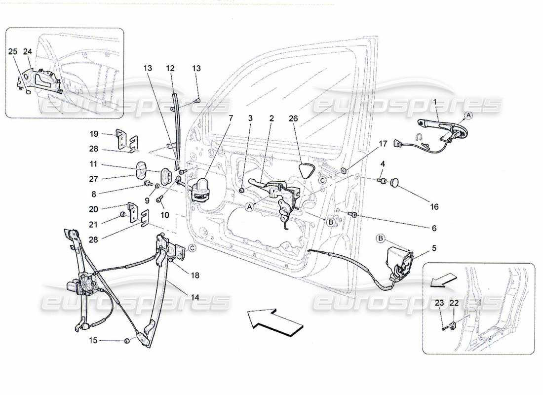 maserati qtp. (2010) 4.7 puertas delanteras: diagrama de piezas de mecanismos