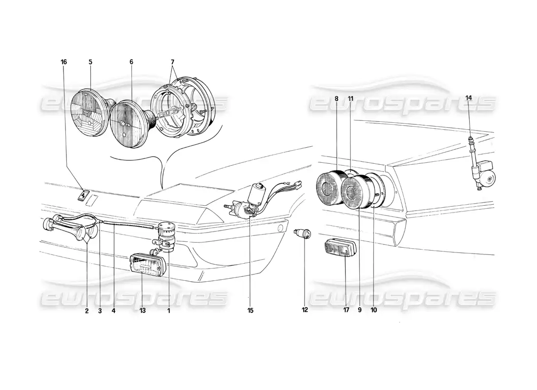 ferrari 412 (mechanical) luces delanteras y traseras: bocinas y antena diagrama de piezas