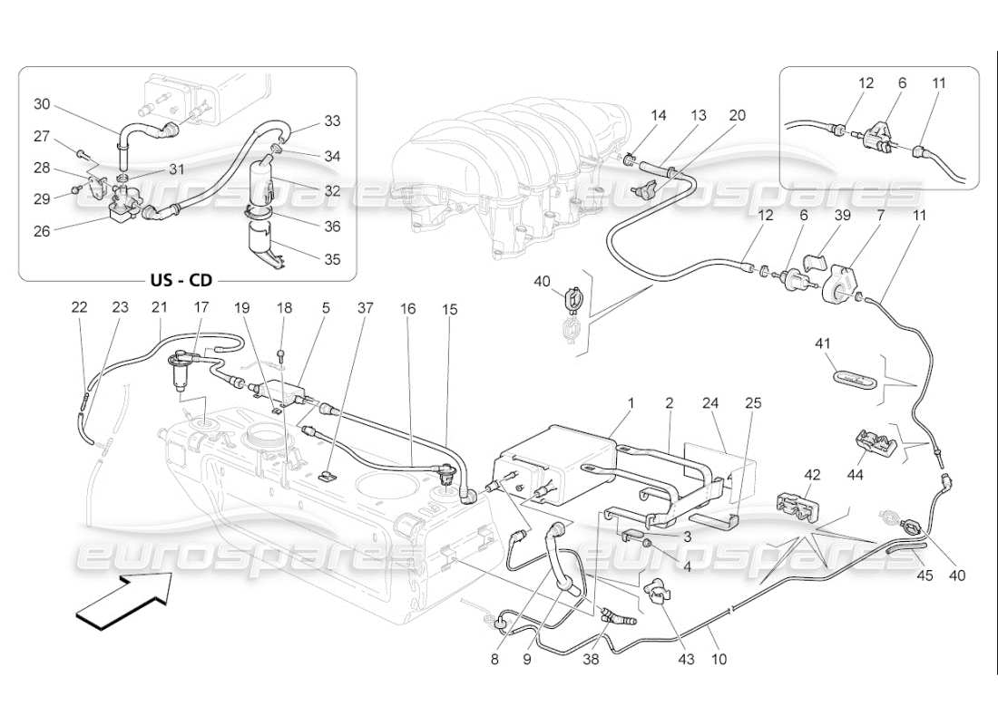 un diagrama de piezas del Maserati QTP. (2009) 4.2 catálogo de autopartes