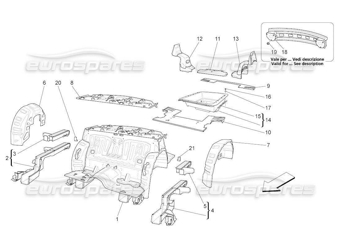 maserati qtp. (2011) 4.7 auto diagrama de piezas de marcos estructurales traseros y paneles de chapa