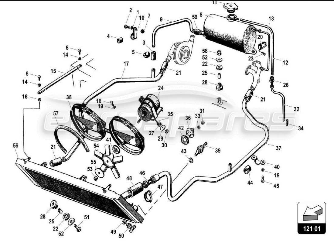 lamborghini miura p400s diagrama de piezas del sistema de refrigeración por agua