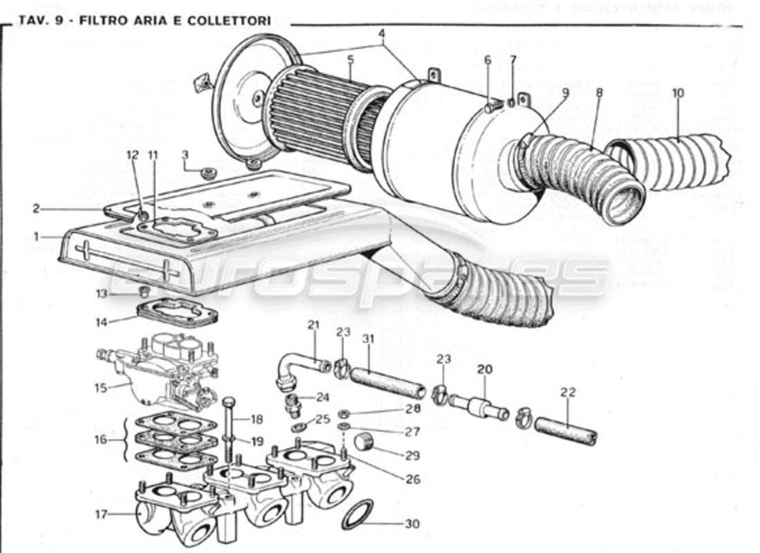 ferrari 246 gt series 1 diagrama de piezas del filtro de aire y colectores