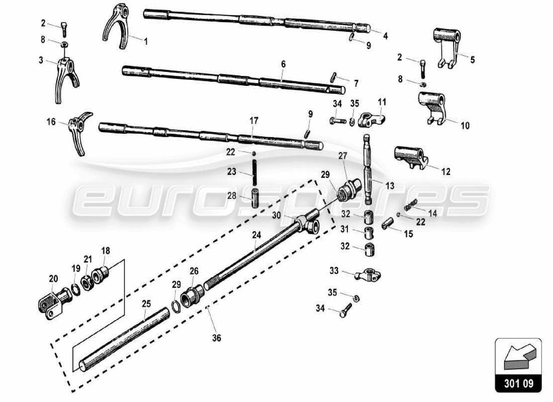 lamborghini miura p400s diagrama de piezas de varillas y horquillas de cambio de caja de cambios