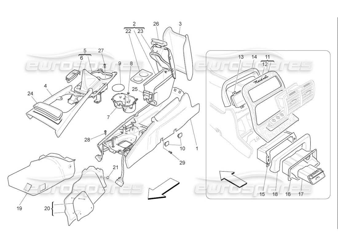 maserati qtp. (2009) 4.7 auto diagrama de piezas de la consola de accesorios y la consola central