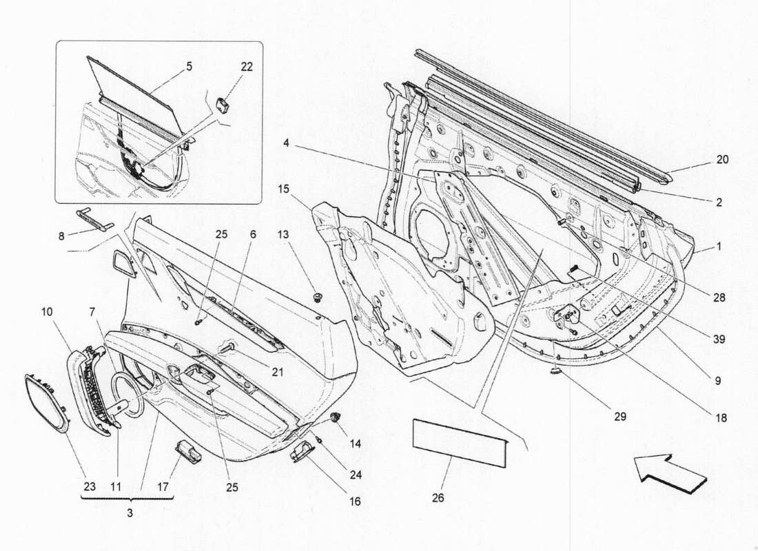 maserati qtp. v6 3.0 bt 410bhp 2015 puertas traseras: diagrama de piezas de los paneles embellecedores